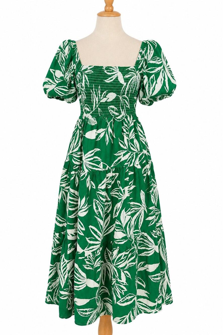 Green White Tropical Leaf Print Puff Sleeve Smocked Tiered Midi Dress Cotton M